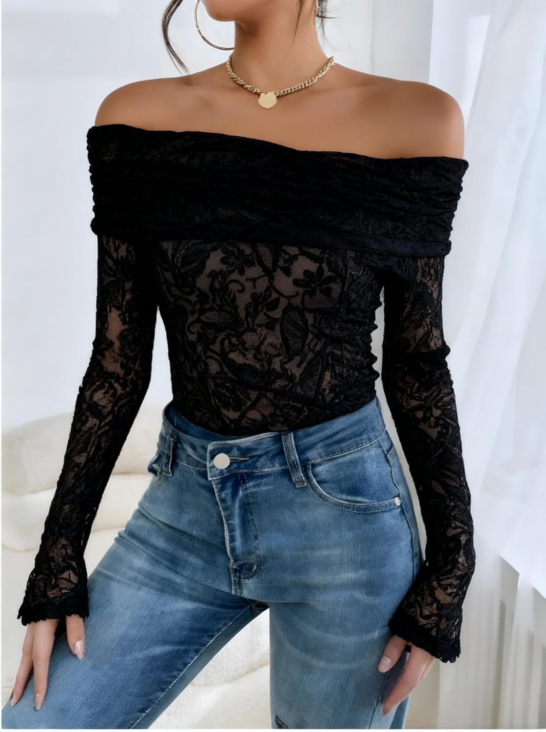 Women’s Off Shoulder Lace Ruched Tops Long Sleeve Slim Fit Blouses Shirts 2026 Going Out T-Shirt - Image 4