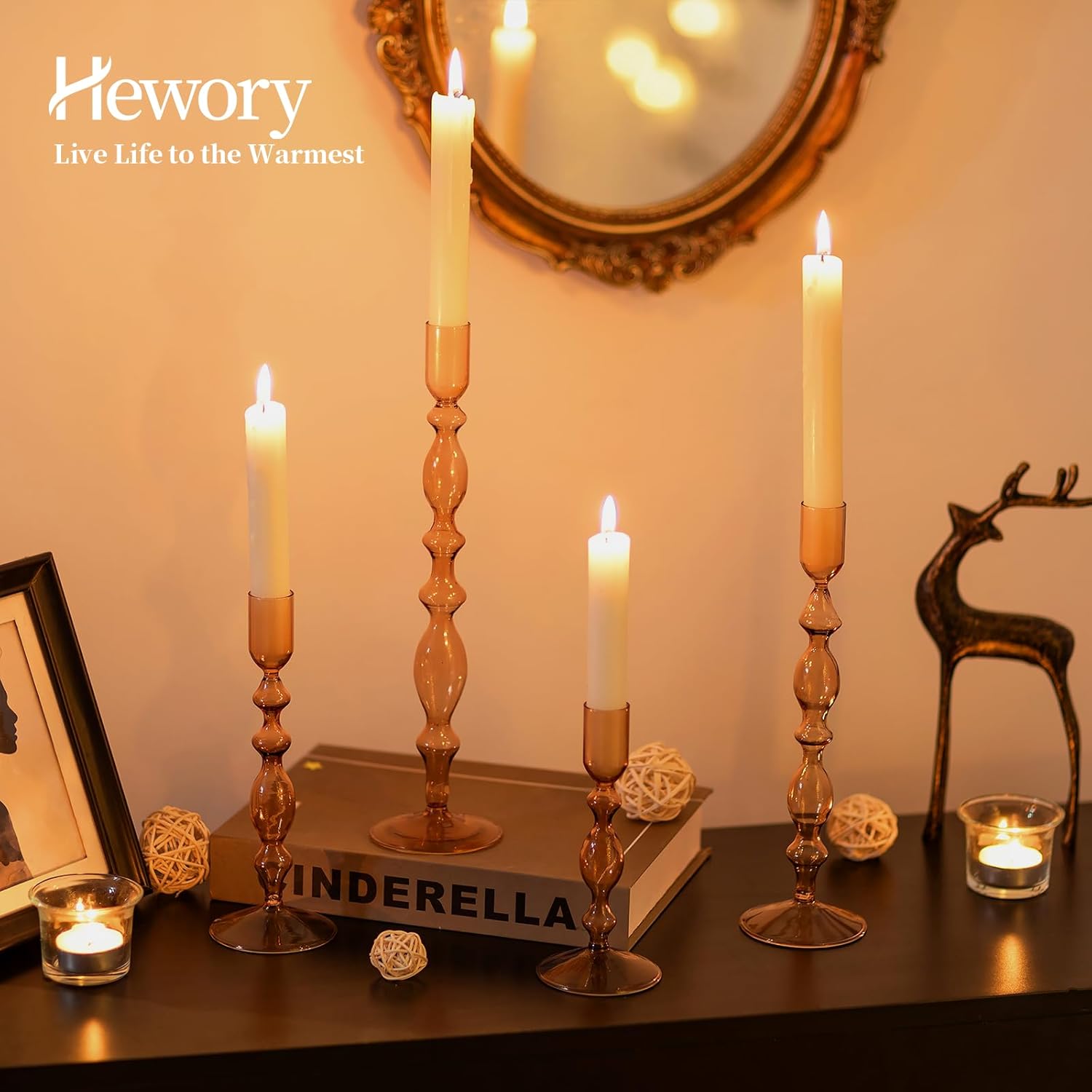 Hewory Glass Candle Holder Set: 4PCS Amber Glass Candlestick Holders Vintage Taper Candle Holders for Candlesticks, Unique Candle Sticks Holder Decor for Table Dinner Festival Events Decorations