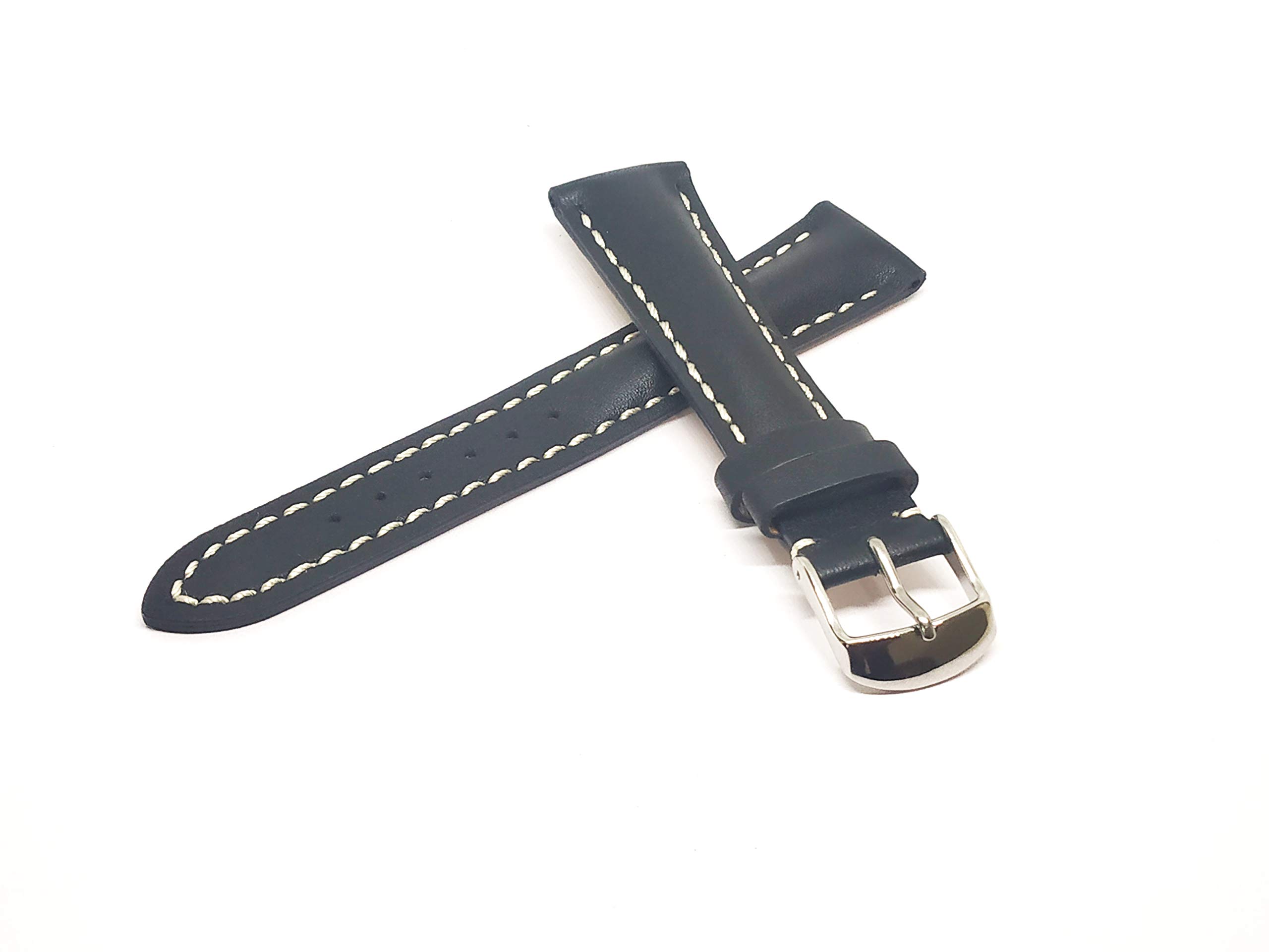 EwatchAccessories 20mm Genuine Leather Plain Style Black with White Stitches Watch Band Strap with Silver Stainless Steel Buckle for Men and Women (B08PPQJC6Y) Amazon Price History, Amazon Price Tracker