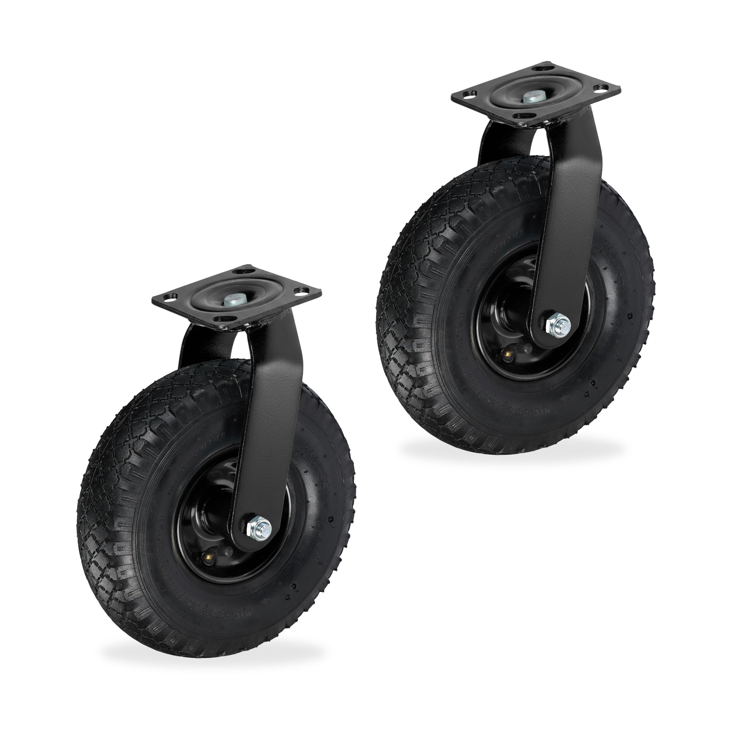 Relaxdays Set of 2 Castor Wheels with Pneumatic Tyres 3.00-4, Heavy-Duty, Bolt-On Plate, 120kg, Black, 26x26x31cm