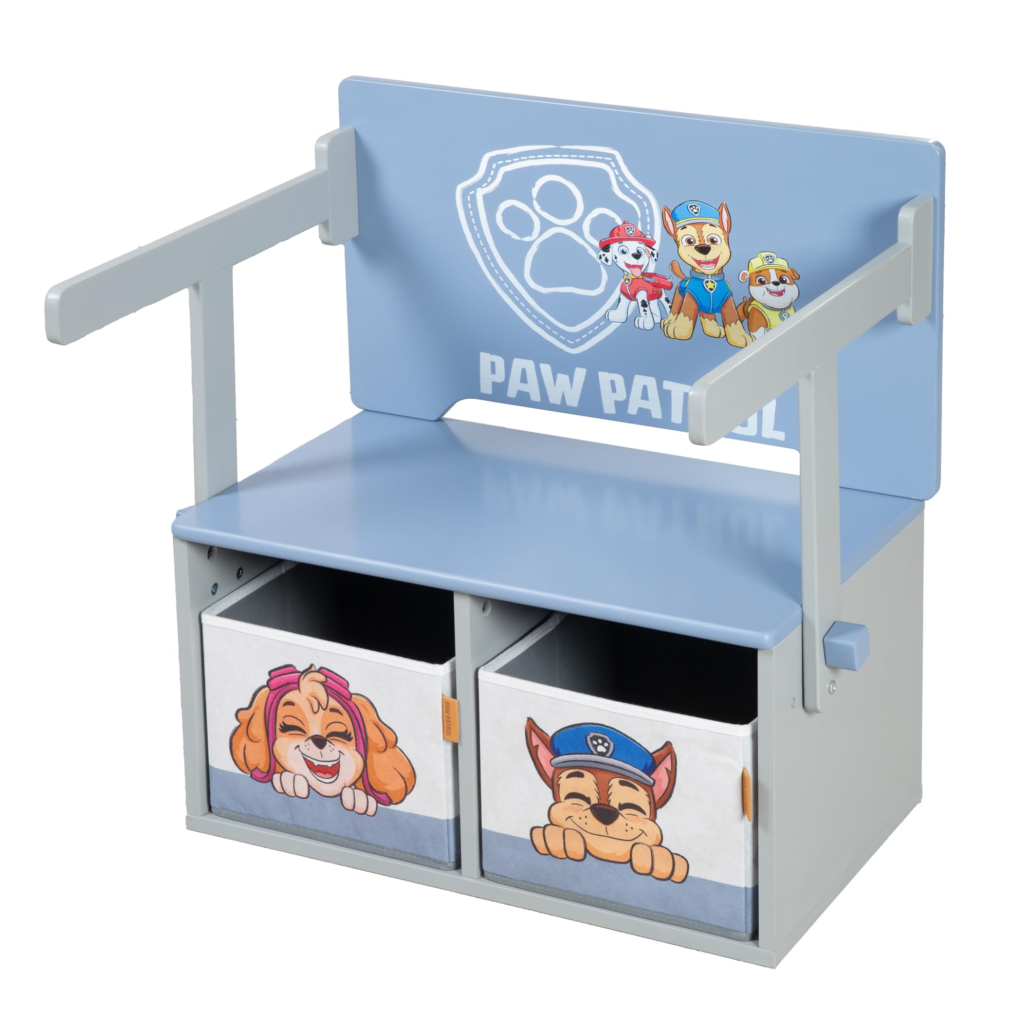 Paw Patrol Klappbare Sitzbank mit 2 Aufbewahrungsboxen, umbaubar zum Kindertisch, Holz grau/blau ab 18 Monaten