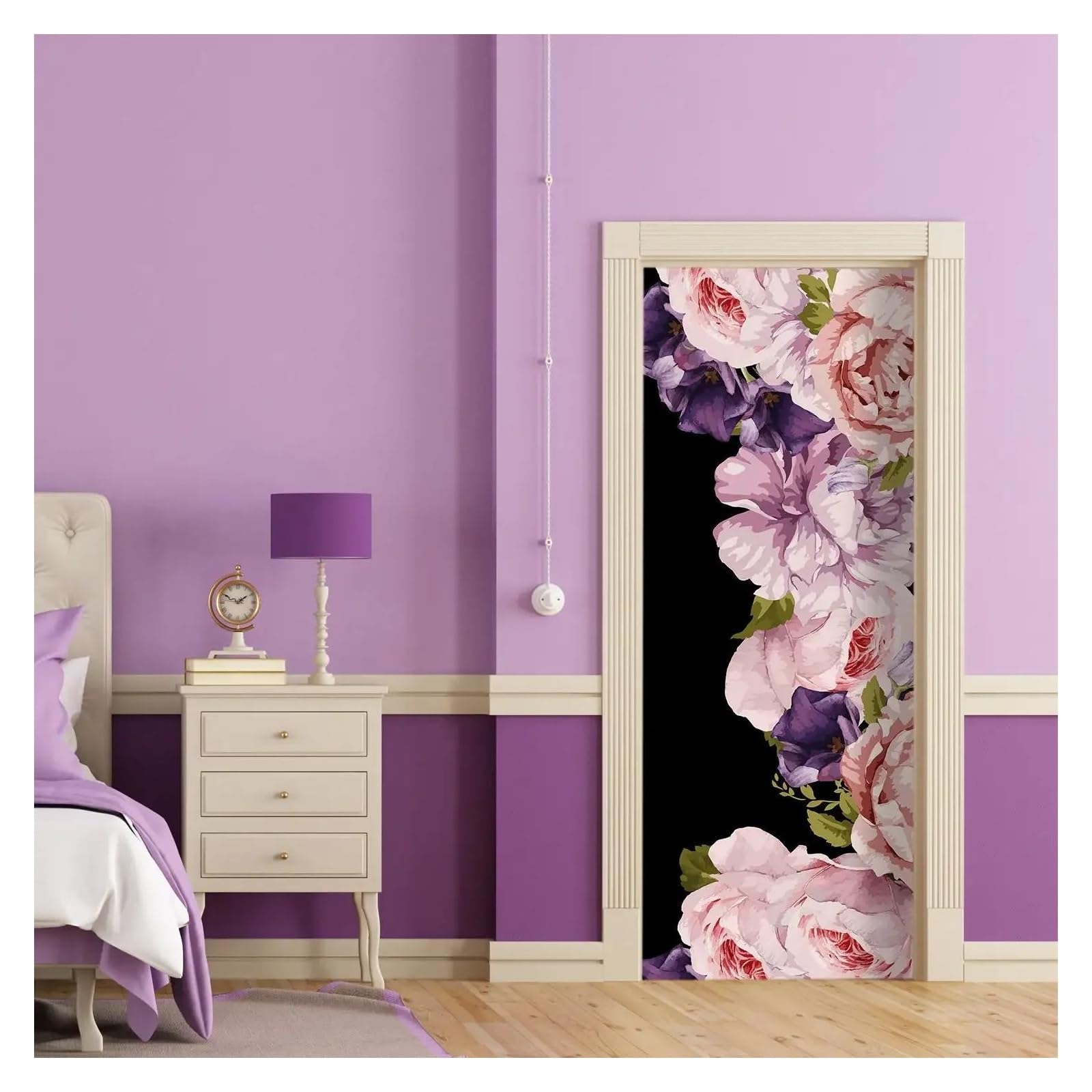 Décalcomanie murale fleurs de printemps roses à effet aquarelle réaliste pour porte 90x200