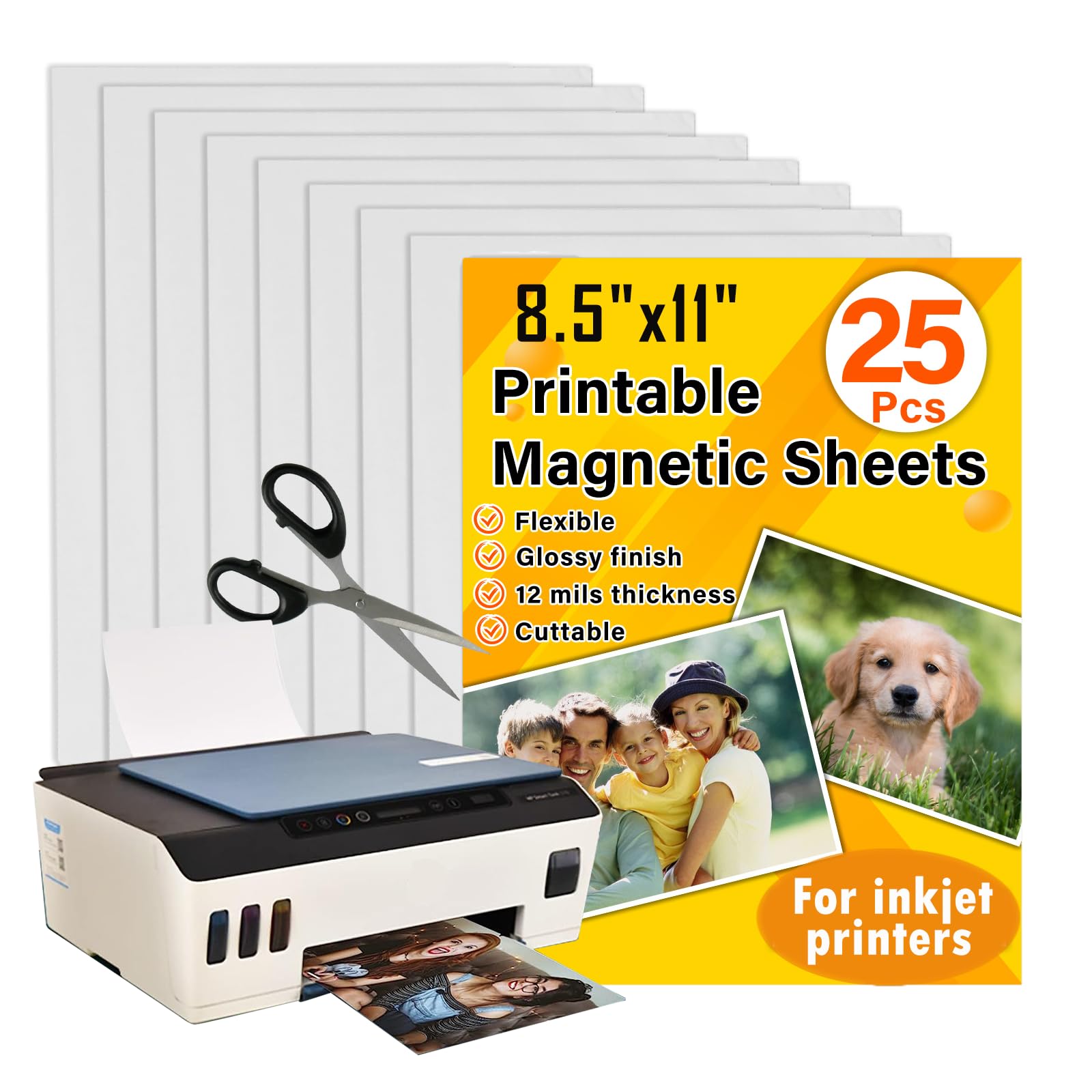 Towjug Printable Magnetic Sheets 8.5x11 Inches for Inkjet Printers, 25 Sheets Glossy Print Paper Non-Adhesive Backing, 12mil ThicknessDIY Flexible