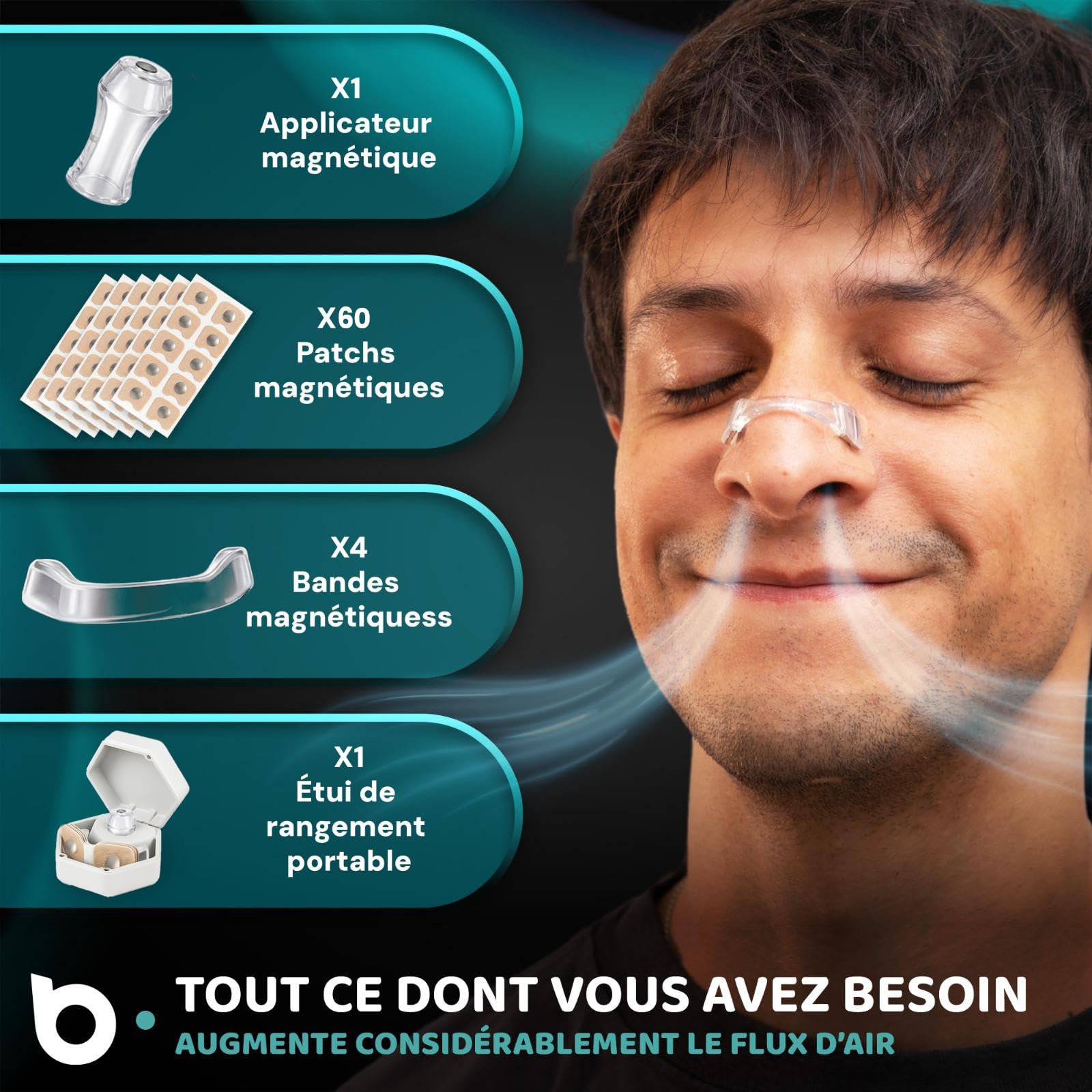 Bandelettes Nasales Magnétiques Premium PRO EDITION | MEGAPACK 120 PATCHS AMÉLIORÉS + ÉTUI DE RANGEMENT | Anti-Ronflement pour Mieux Dormir, Aide à Mieux Respirer