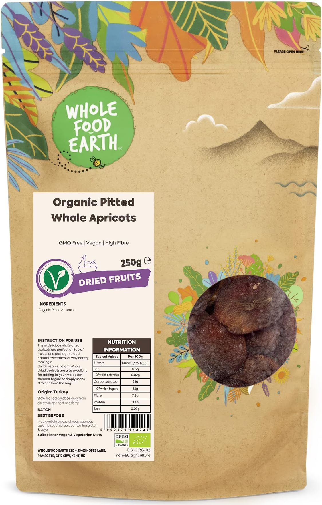 Organic Pitted Whole Apricots โ 250g | GMO Free | Vegan | High Fibre | Certified Organic