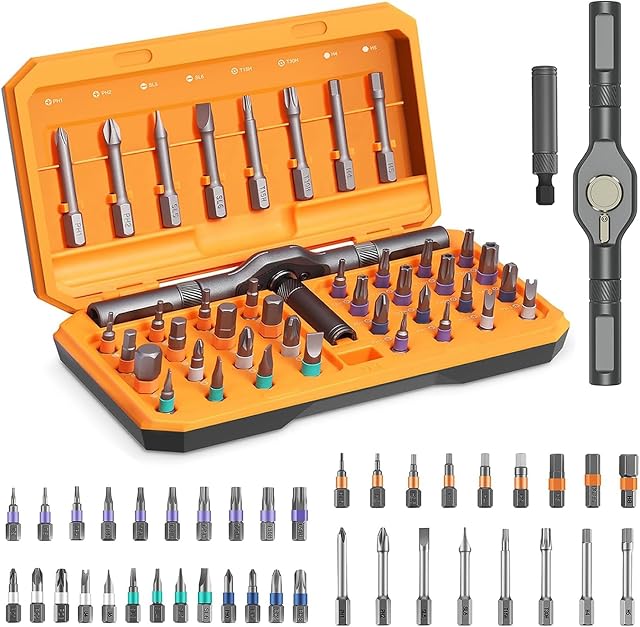 ORIA Ratchet Screwdriver Set, 42 in 1 Screwdriver Set with Rotatable Ratchet Handle, Magnetic Repair Tool Kit with 40 PCS Magnetic Precision Bits, Storage Case, for Appliances - Orange