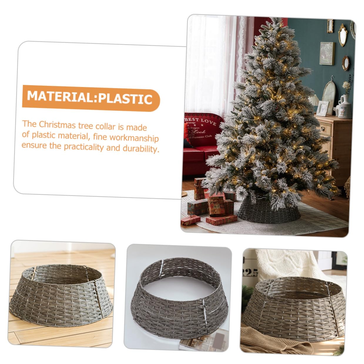 Falda para Árbol de Navidad Rústica Pequeña Gris Cubierta Decorativa de Base para Árbol Collar Tejido a Mano para Decoración Navideña en Hogar y Oficina