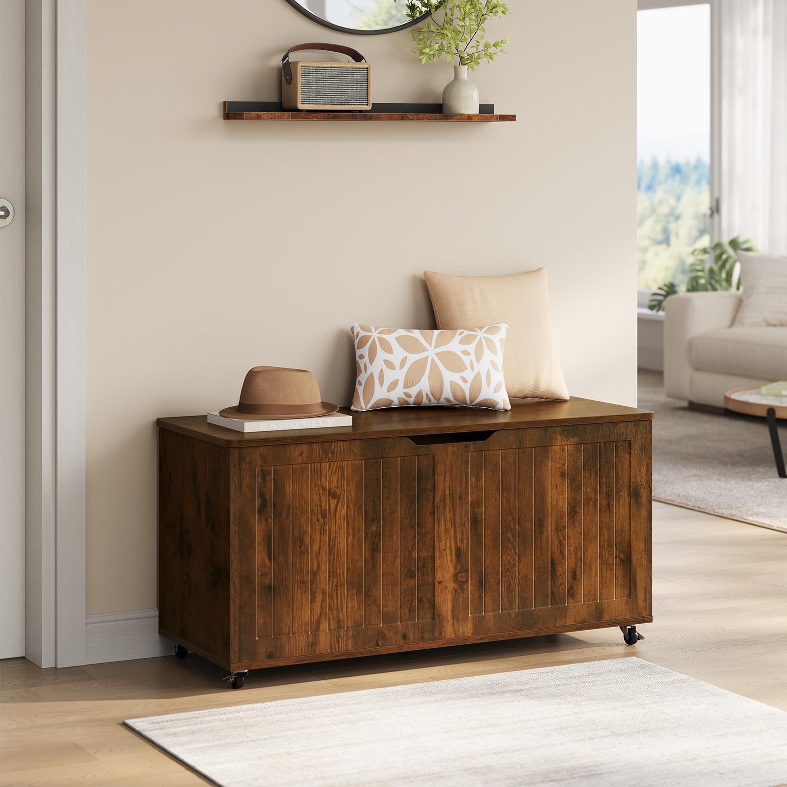 WOLTU Taburete Almacenaje con Ruedas, Baúl Puff Almacenamiento, Otomano Reposapiés Rectangular 100x40x50,5 cm, para Salón, Dormitorio y Entrada, Marrón Rústico