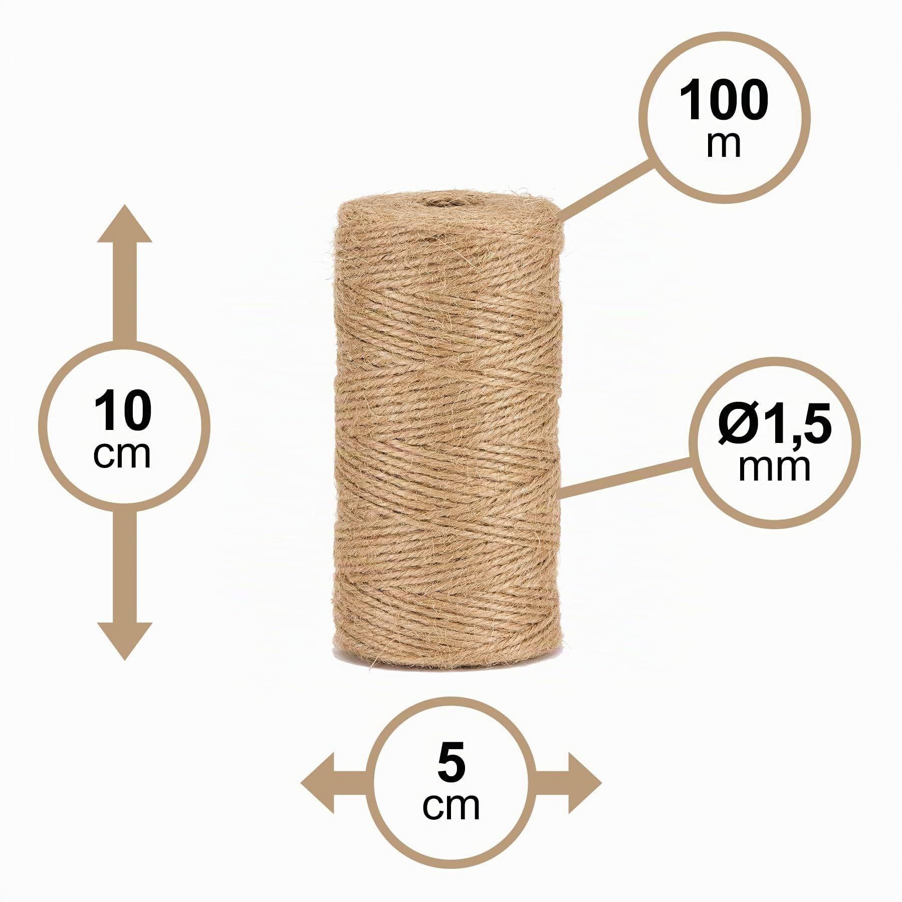 Cordeline Cordeline - Cuerda de Yute Natural, diámetro de 1,5 mm ± 100 m para jardinería, Bricolaje, Actividades manuales BJN100, Natural