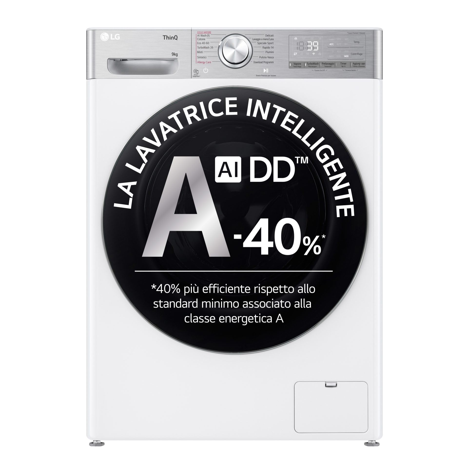 LG AI DD F4R9009TPWC Waschmaschine Klasse A -40%, Frontlader Serie R9, Waschmaschine 9kg, 1400 Umdrehungen, AI Wash, TurboWash 360, Dampfwäsche mit Knickschutz, Wi-Fi, Freistehend, Weiß