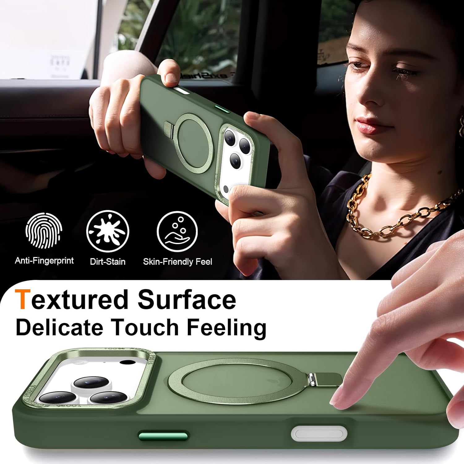 Magnetic for iPhone 17 Pro Case with Ring Stand, [10 FT Drop Protection] [Velvety Touch] Slim Translucent Matte Back Shockproof Phone Case for iPhone 17 Pro 6.3'', Midnight Green - Image 5
