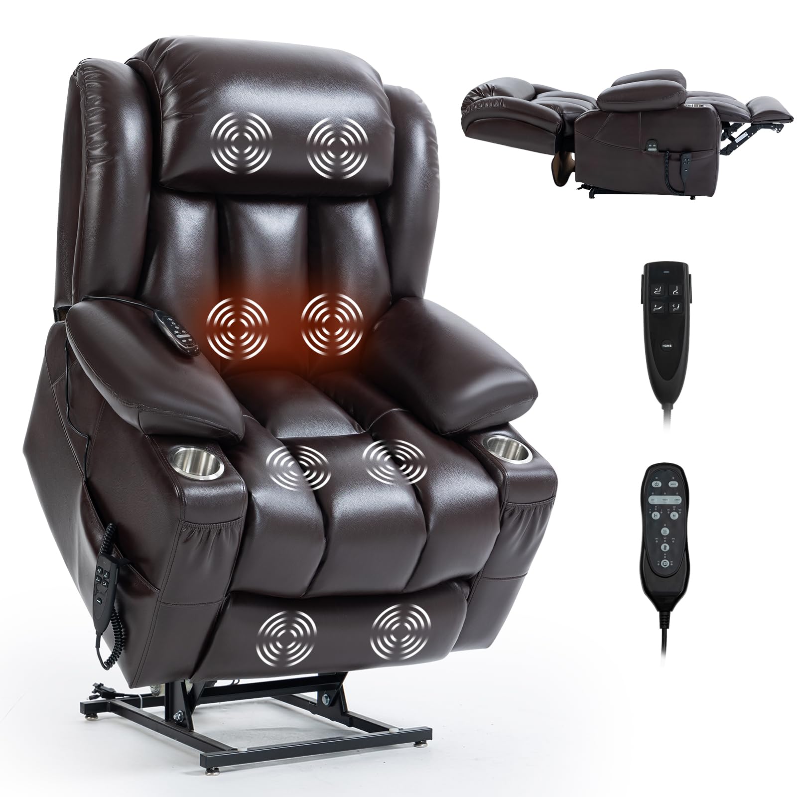 Lay Flat Lift Recliner Chair with Massage & Heat for Elderly People, Electric Power Lift Chair w/Dual Motor, Stainless Steel Cup Holders, Breathable Leather Red Brown