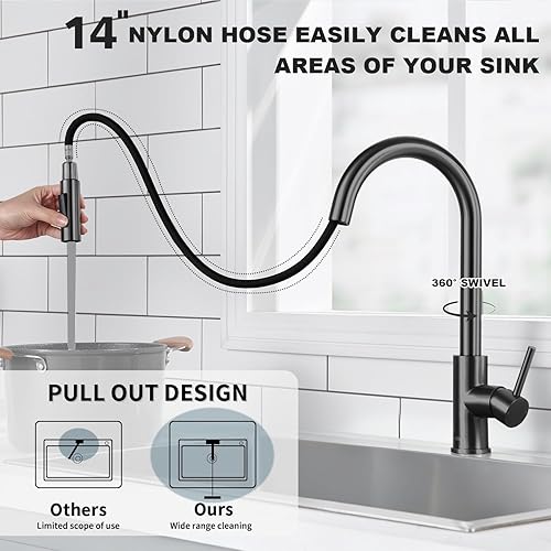 Miniatura 2 de Tohlar - Grifos de cocina grises con pulverizador desplegable, grifo de fregadero de cocina de una sola manija negro mate moderno de acero