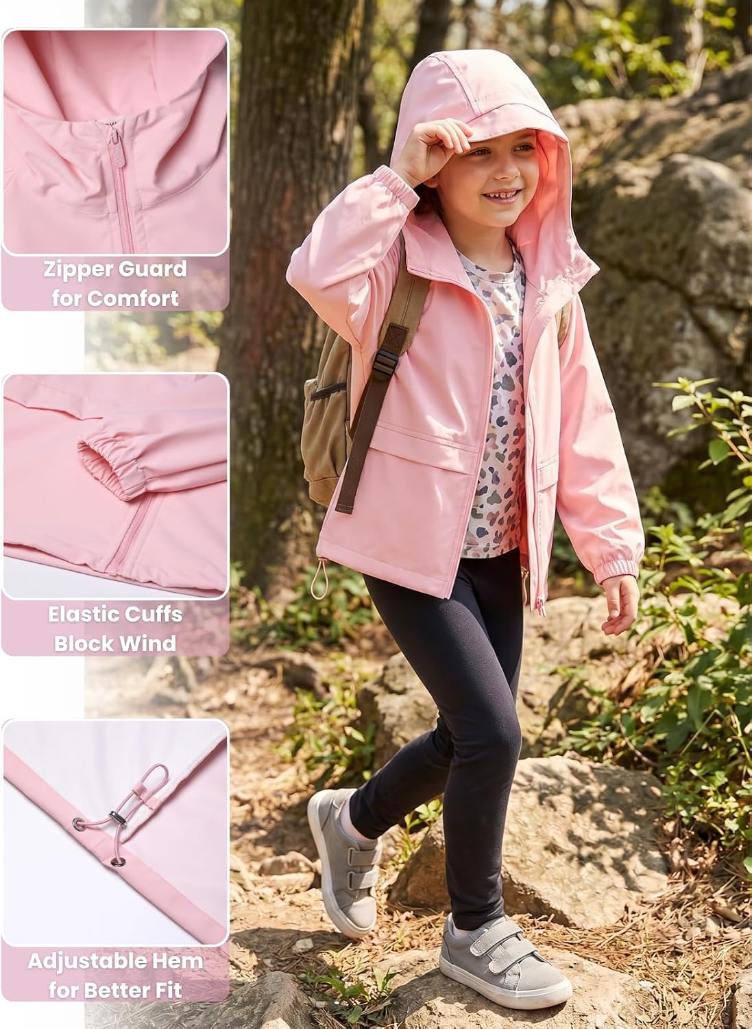 Girls Lightweight Hooded Jacket Full Zip Water-Resistant with Pockets for Kids