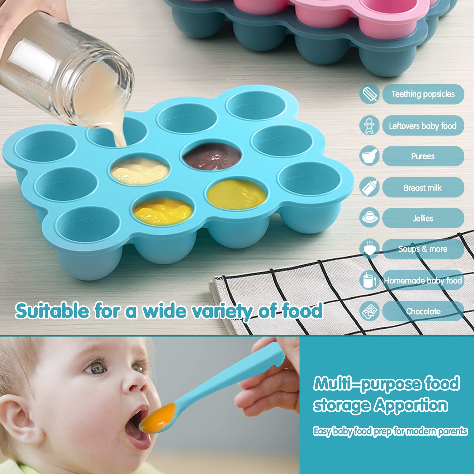 Tnfeeon Set Di 4 Contenitori Per Alimenti Per Neonati In Silicone - 120/180 Ml - BPA Free, Riutilizzabili, Adatti A Microonde E Congelatore - Ideali Per Svezzamento - 4