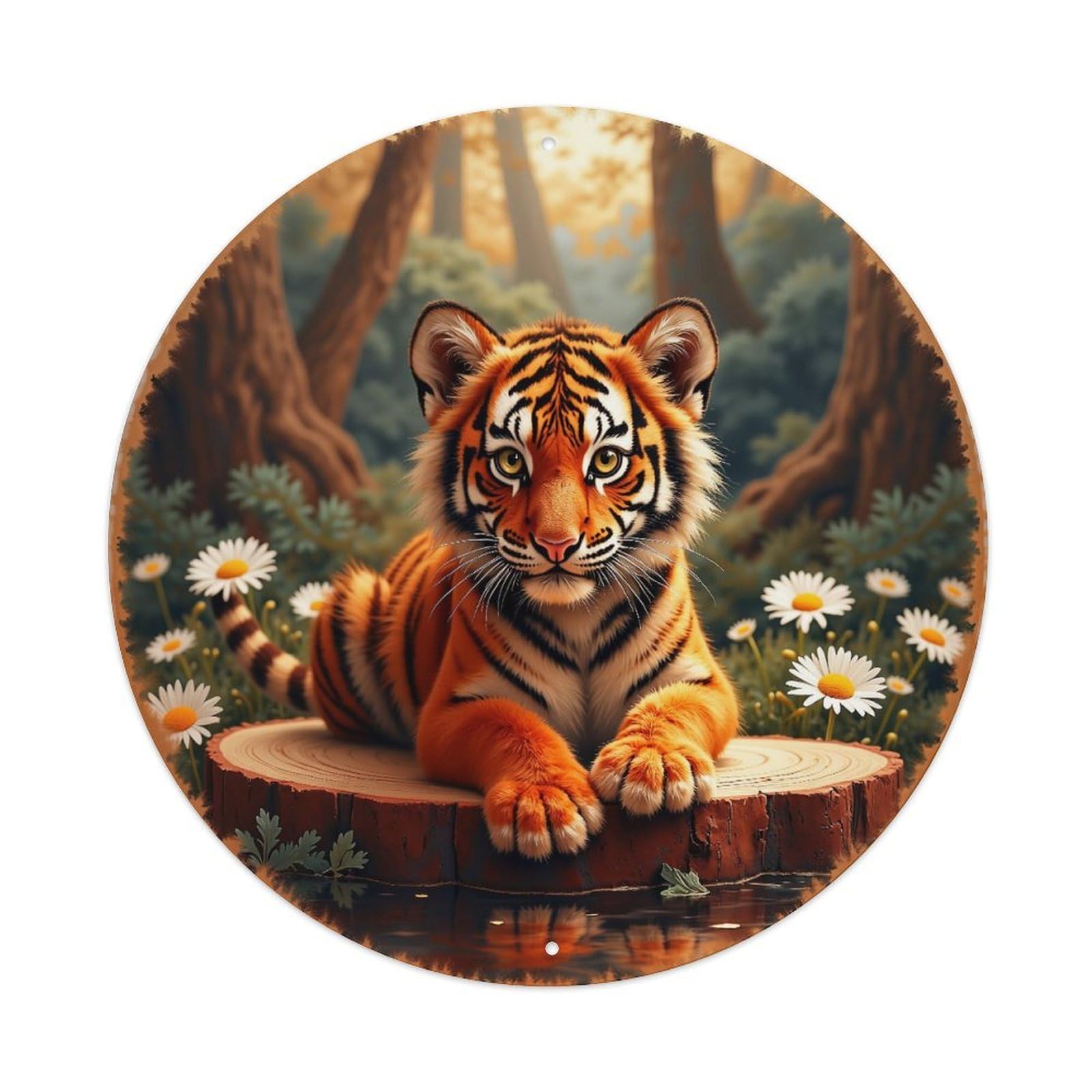 Tiger Cub On Tree Stump Retro Metal Tin Sign, Vintage Metal Poster for home, Gaming Room, Studio Workshop,Bar,Garage Wall Art Decor 8x8 inch