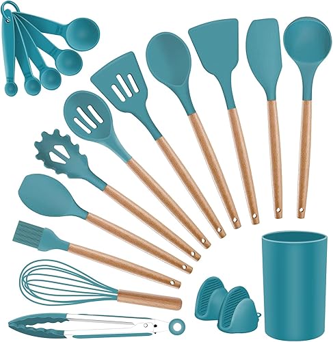 Miniatura 1 de Zilnax - Juego de utensilios de cocina de silicona resistente al calor, juego de utensilios de cocina antiadherentes, mango de madera, juego de