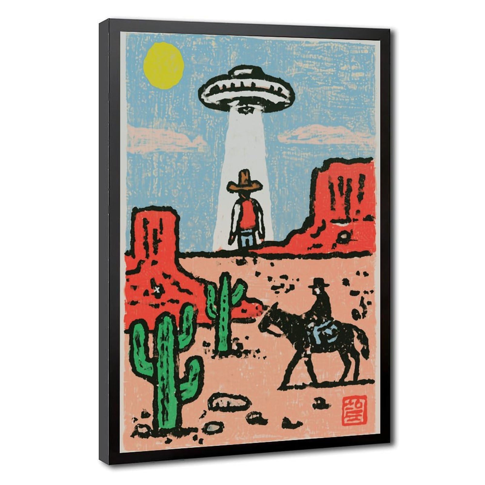 Ufo Abducting Cowboy In Desert Poster(1) Canvas Poster for Home Decor Gift