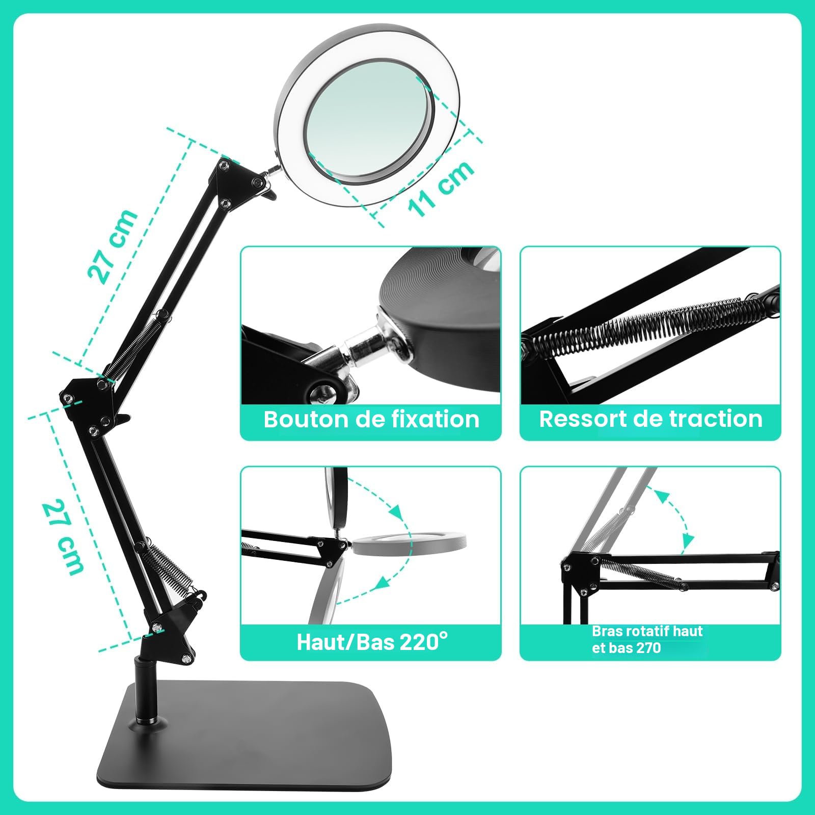 Loupe 15X avec lumière et support – Bras réglable, 3 modes de couleur, LED à intensité variable, pince mains libres pour la lecture, l'artisanat, la couture et les loisirs (base 1)