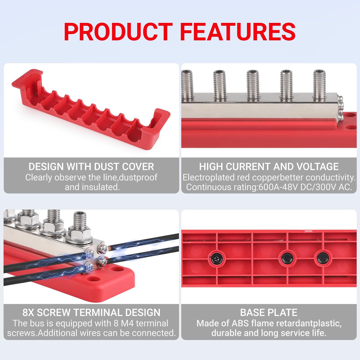 600A Heavy Duty Power Distribution Block with Cover 8 x 3/8" (M10) Studs Bus Bar Terminal Block, High Current Busbar 12-48V DC Busbar Box for Automotive RV Boat, Red