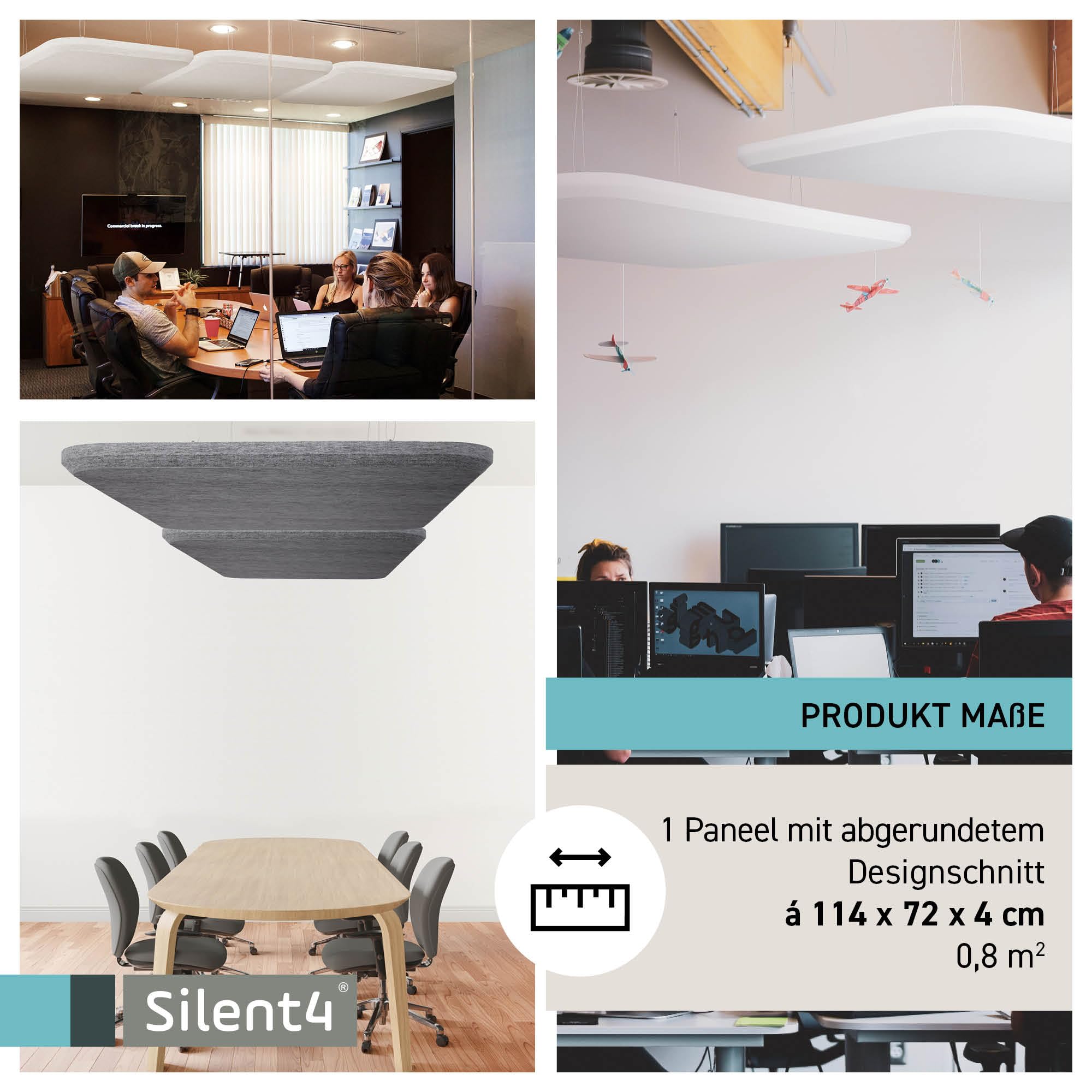 SILENT4® Plafond absorbant acoustique 114x72x4cm en non-tissé acoustique, montage par câble, acoustique améliorée prouvée par panneau acoustique en blanc