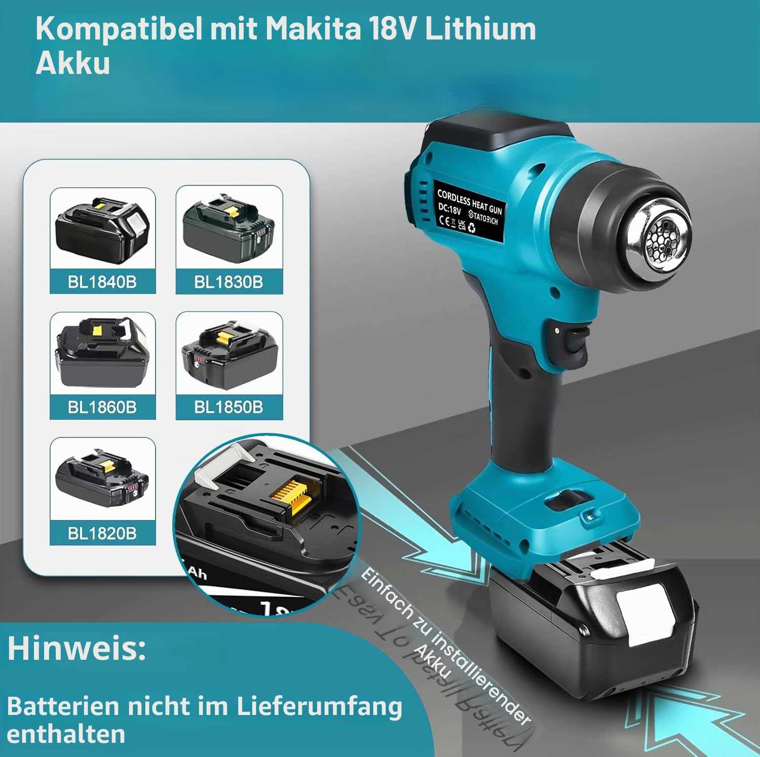 Akku Heißluftgebläse für Makita 18V, Manuelle Heißluftpistole mit Digitalem LCD-Lichter, 50 °C - 550 °C & Luftkontroll für DIY, Basteln, Abziehen(Ohne Akku)