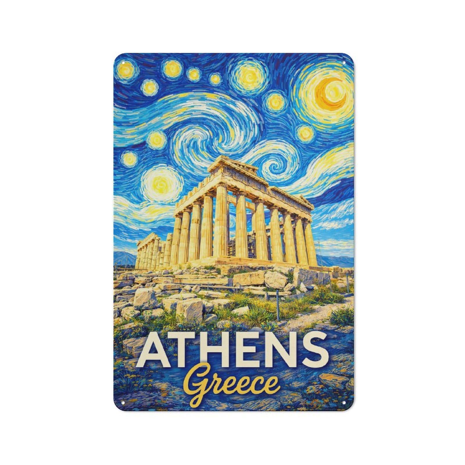 Junmoney Style-6 Athens Greece Starry Night Vintage Metal Wall Sign 30X20cm For Garage Wall, Suited To Garage Decor Collectors