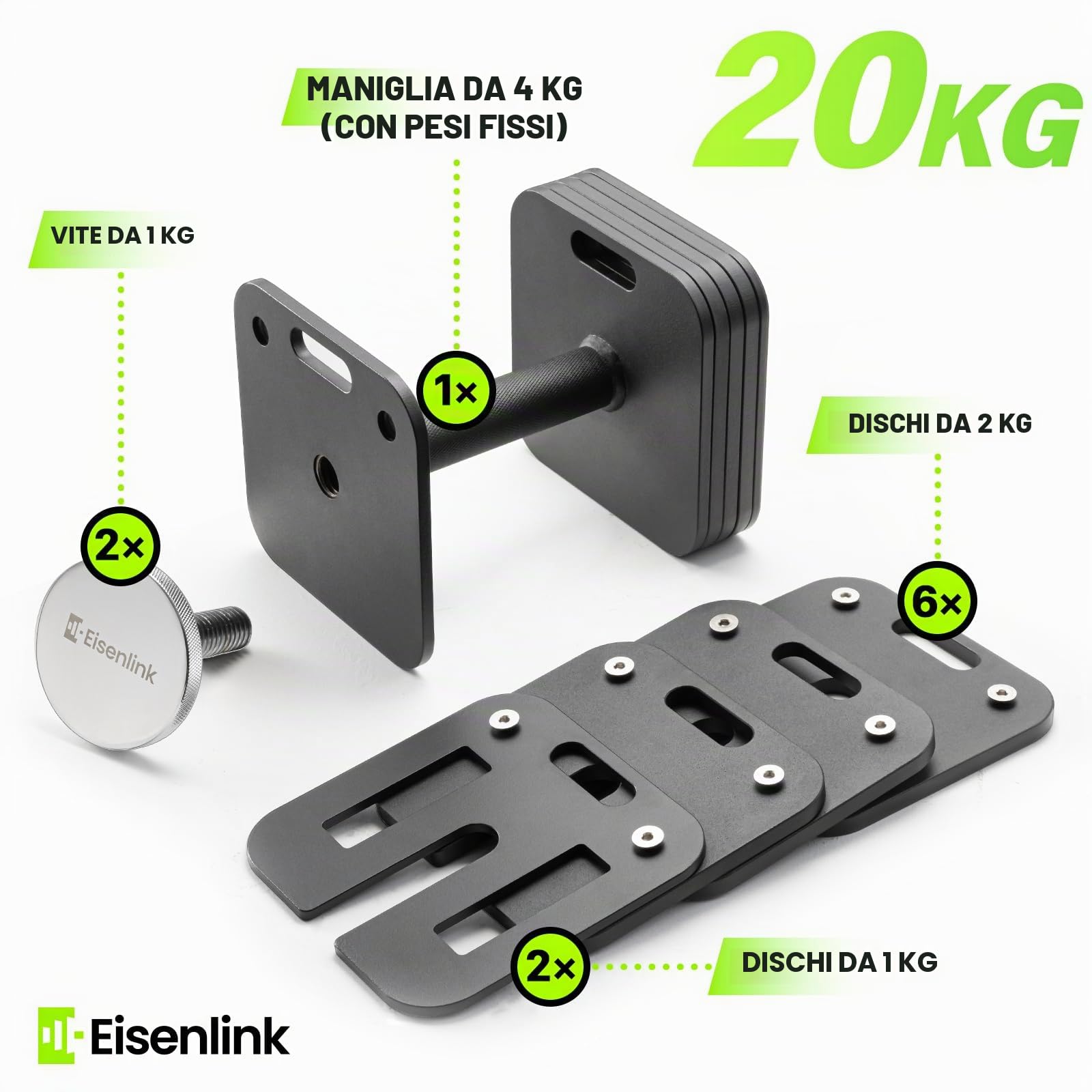 Eisenlink Manubrio corto da 20 kg (4-20 kg), regolabile e compatto, forma quadrata, con impugnatura antiscivolo, per fitness, allenamento, palestra a casa (20 kg × 1)