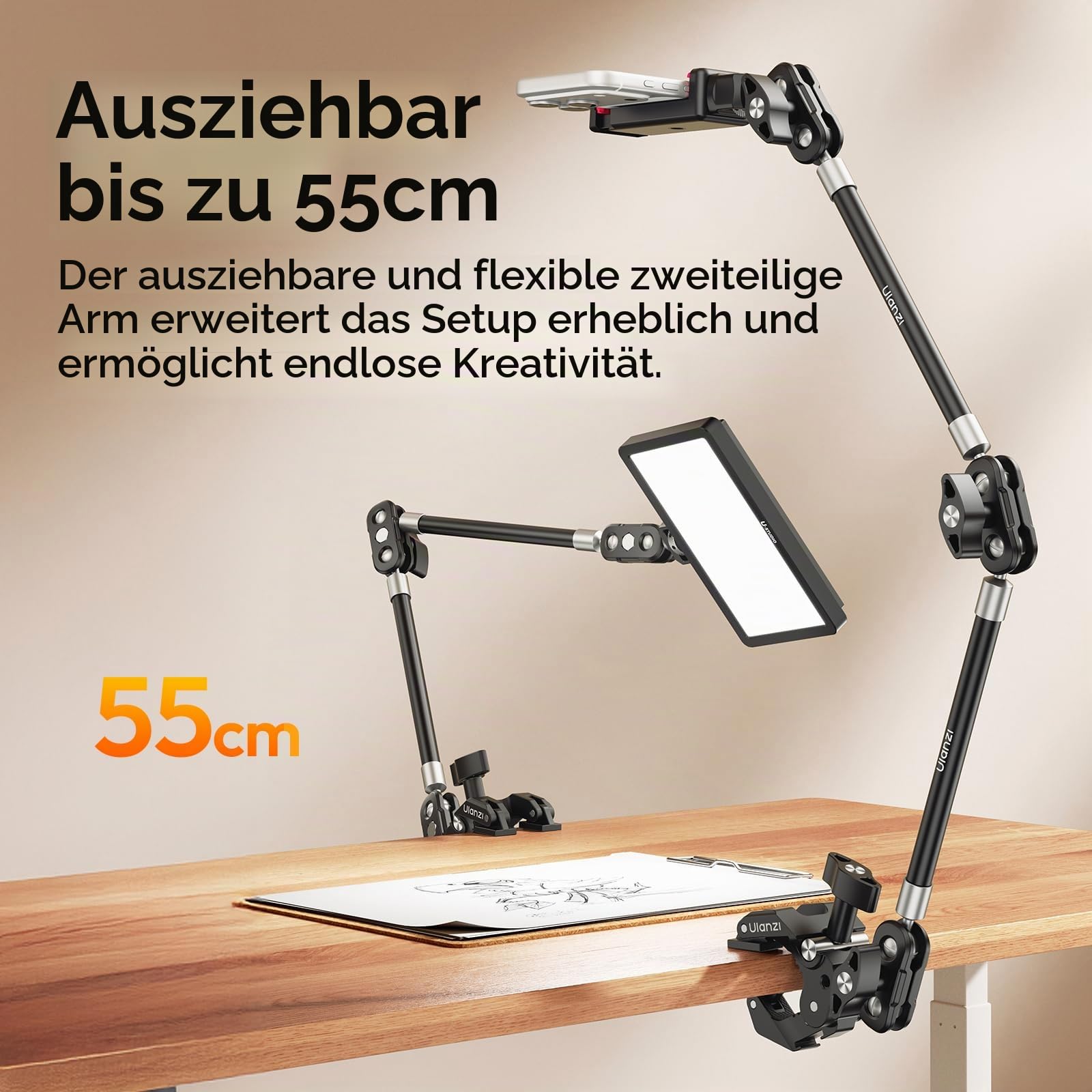 ULANZI C078 Magic Arm mit Klemme, Overhead Stativ mit 360°-Kugelkopf, Klemmstativ mit Handyhalterung, 1/4"- und ARRI-Positionierstifte, kompatibel mit iPhone, Licht, Webcam, Max. Belastung 1kg