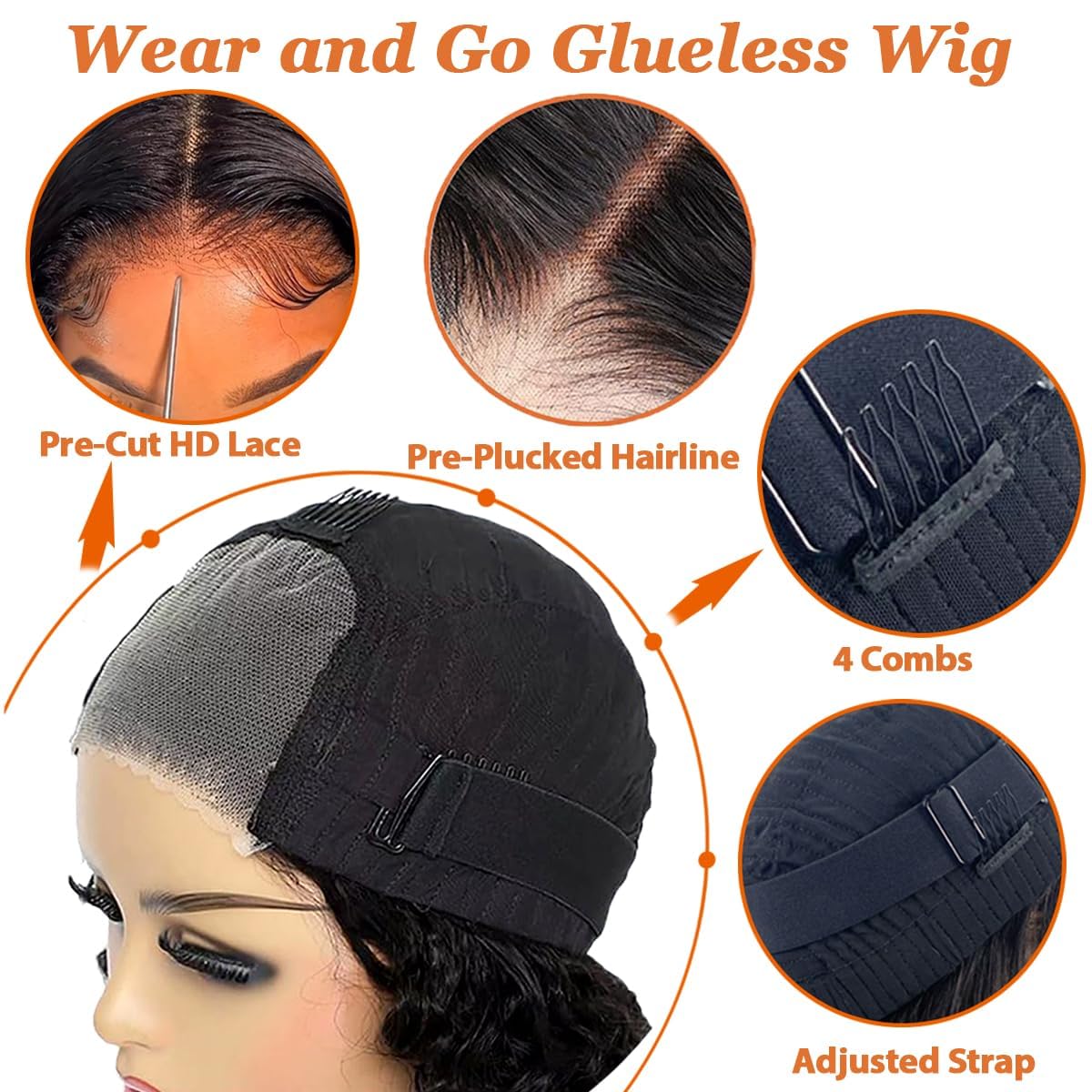Wear and Go Glueless Wigs Human Hair Pre Plucked Pre Cut Deep Wave Bob Wigs for Black Women 4x4 Glueless Lace Closure Human Hair Curly Bob Wigs 10 Inch