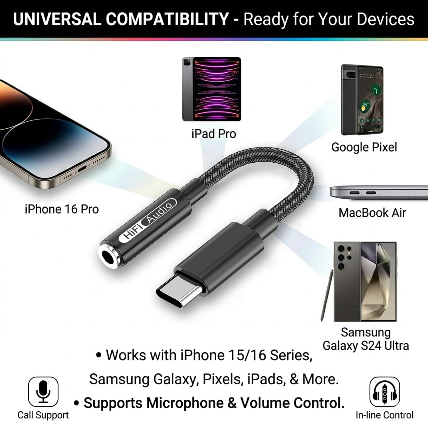 USB C auf 3,5 mm Hi-Res Audio-Adapter, eingebauter DAC, Typ C auf AUX-Kopfhöreranschluss, Sound in Studioqualität, unterstützt Anrufe, kompatibel mit iPhone 15, 16, 17, Samsung Galaxy S25, S24, S23