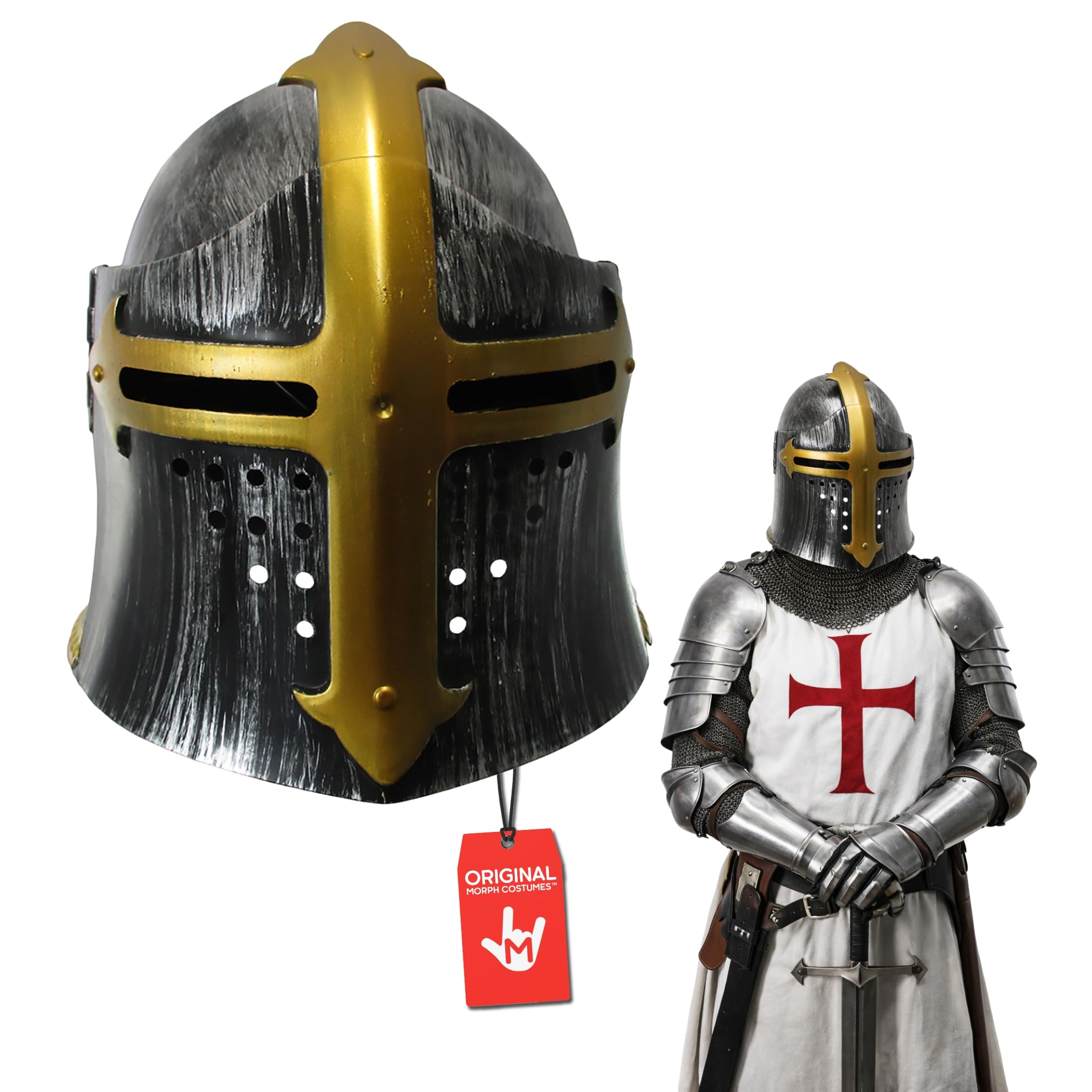 Nicky Bigs Novelties Morph Templar Knight Helmet Adults Medieval Crusader Costume Flip-Up Face Mask Halloween Cosplay Silver