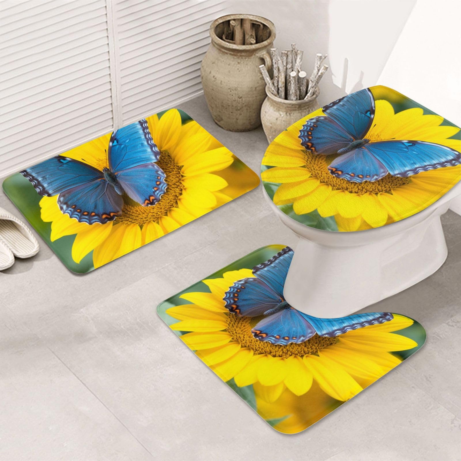 Tapis de salle de bain bleu tournesol avec contour U et housse abattant, lot de 3 microfibre absorbante