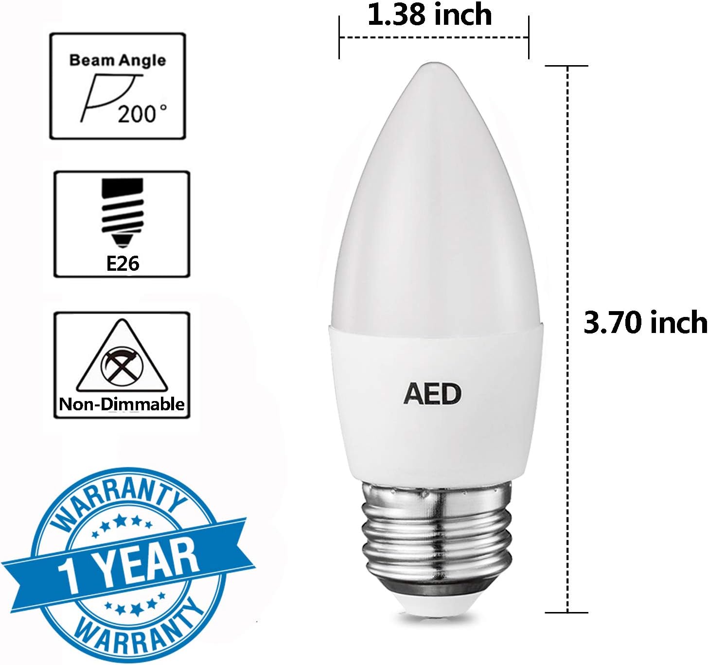AED LED Candelabra Light Bulbs, 40-50W Equivalent, E26 Medium Screw Base, 4000K Cool White, 400 Lumens, Non-dimmable, LED Decorative Candle Light Bulbs for Chandelier and Ceiling Fan, 6 Packs