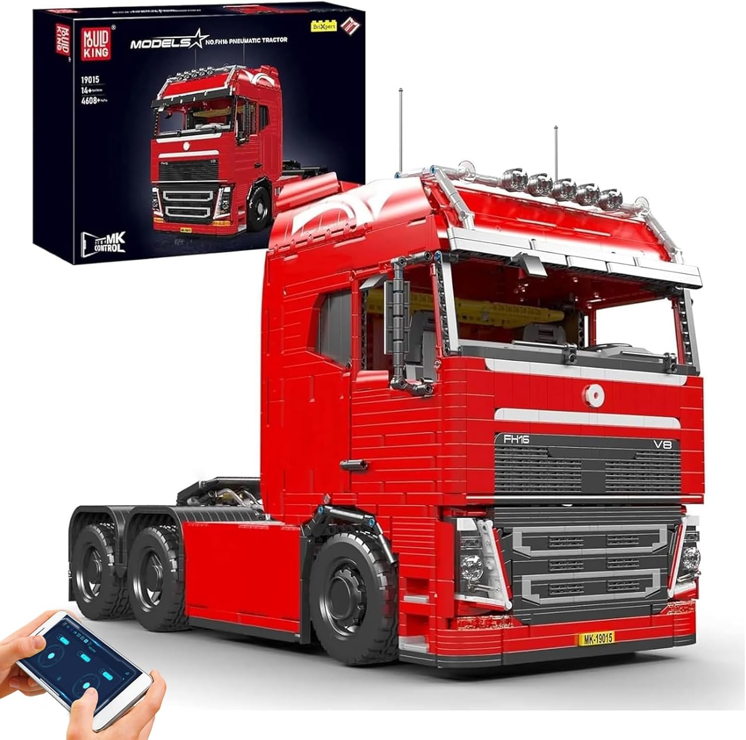 Mould King 19015 Technology Mobile Pneumatic Truck Building Blocks Kit, Trailer Locomotive Building Blocks Set with Motor 2.4G Remote and APP Dual Control, Blocks Toy (4608 PCS)