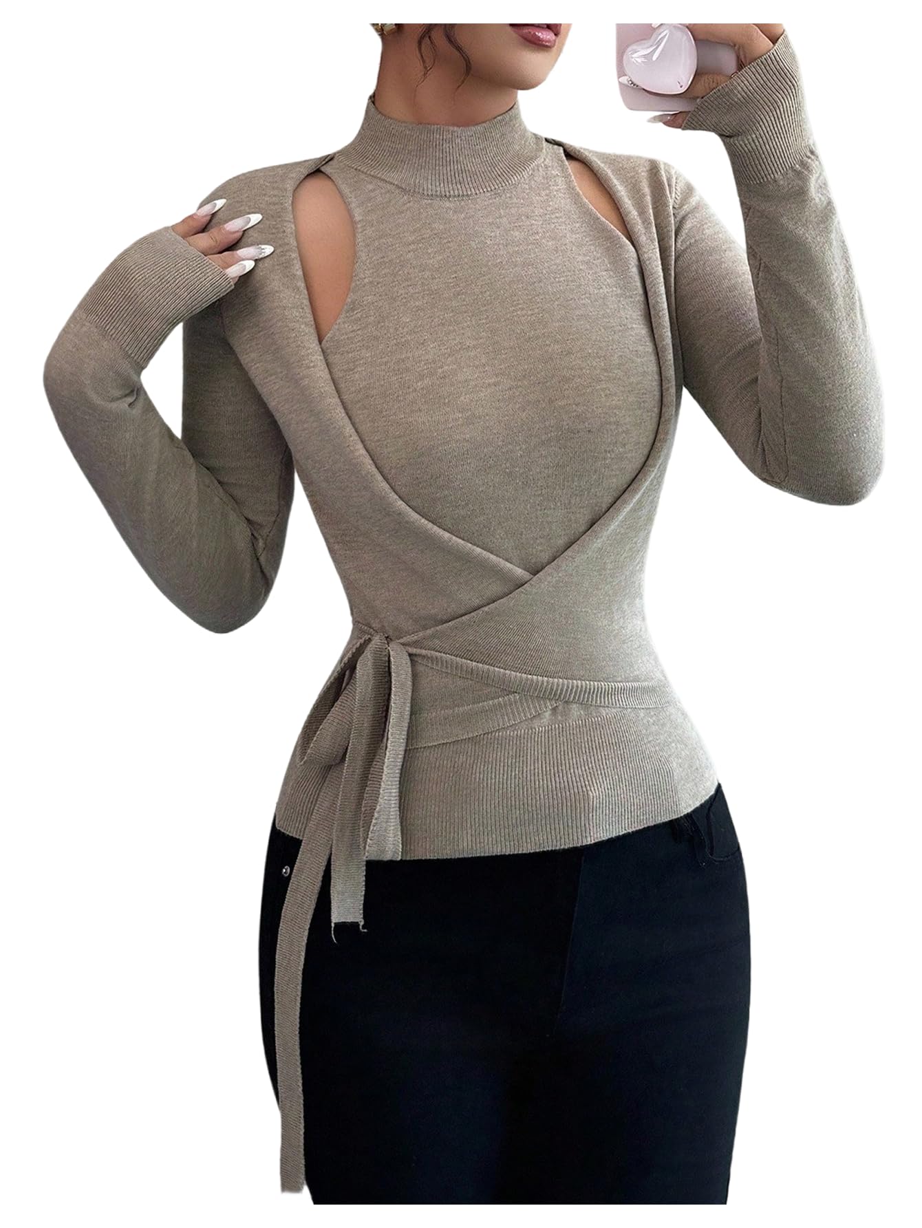 Women's Long Sleeve Cutout Wrap Mock Neck Fitted Sweaters Pullover Knit Shirt Top-image-29