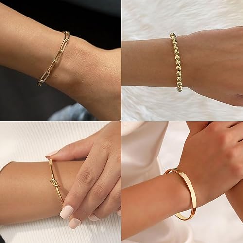 Miniatura 4 de Reoxvo Pulseras de oro para mujer, chapado en oro de 14 quilates, juego de pulseras de latón con dije de latón para mujer, no se deslustra, cuentas