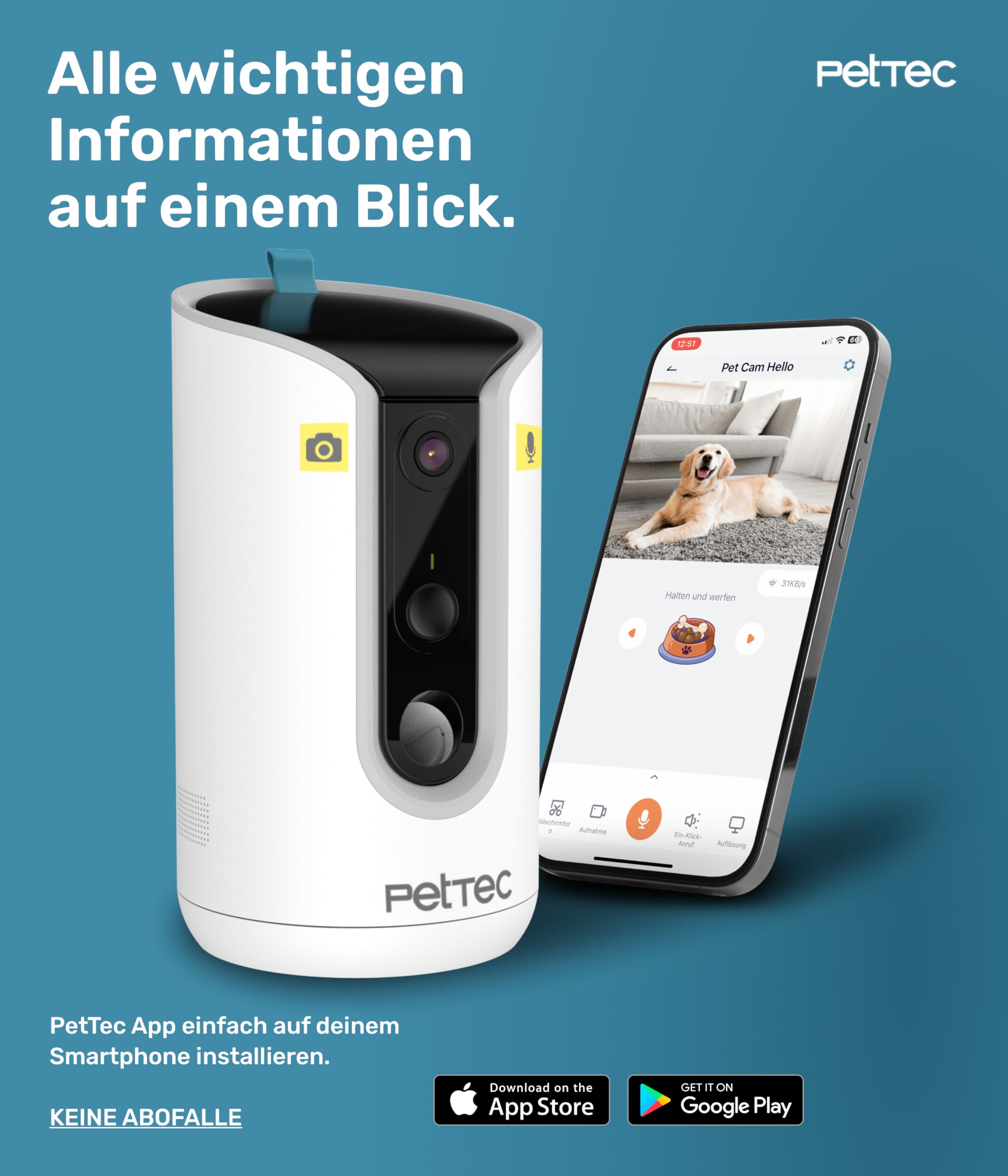 PetTec® Haustierkamera 360° und automatischer Futterspender mit Leckerliauswurf - via App & Multitaste - Bell-Erkennung - 3MP Nachtsichtfunktion - Hundekamera & Katzenkamera