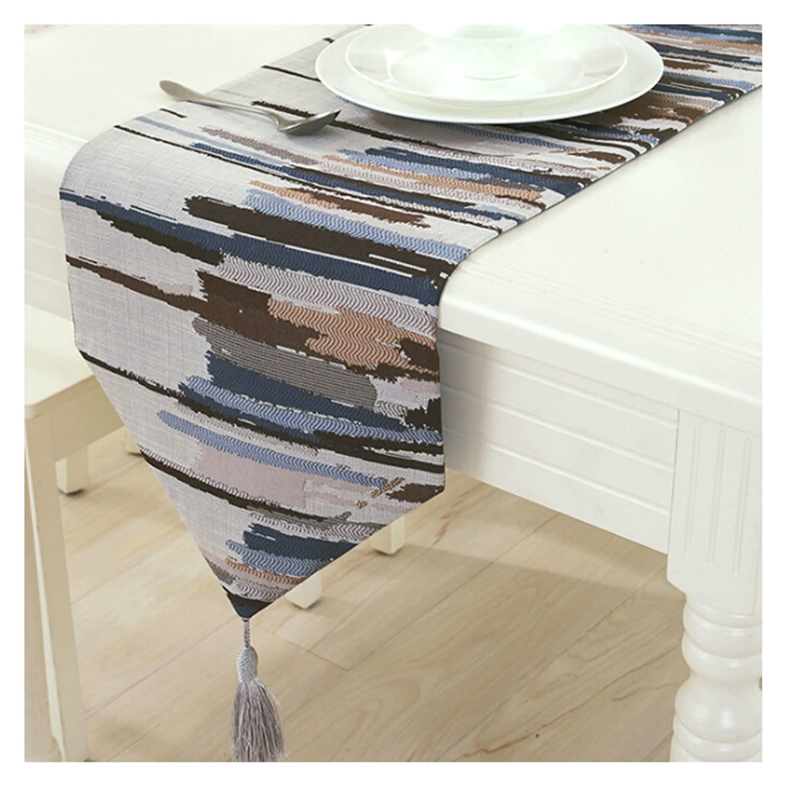 Chemin de table en nylon et polyamide bleu à lignes géométriques et finitions pompons - 7