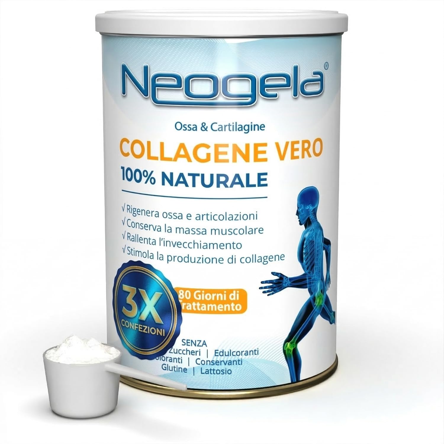 Neogela - 98% di Collagene Purissimo (Formato da 400gr, Prodotto Naturale) - Benessere Osseo e Articolare, (3 Confezioni-1200gr)