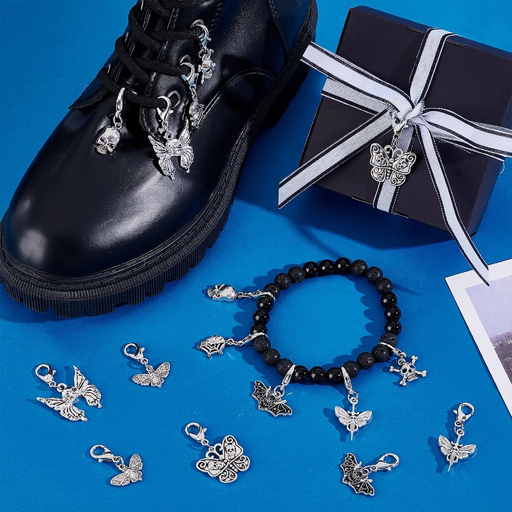 PH PandaHall 16Pcs Clip on Charm Pendants 8 Styles Goth Skull Butterfly Bat Shoe Lace Charms with Lobster Clasp for Sneakers Canvas Shoes Boots Halloween Punk Jewelry Making