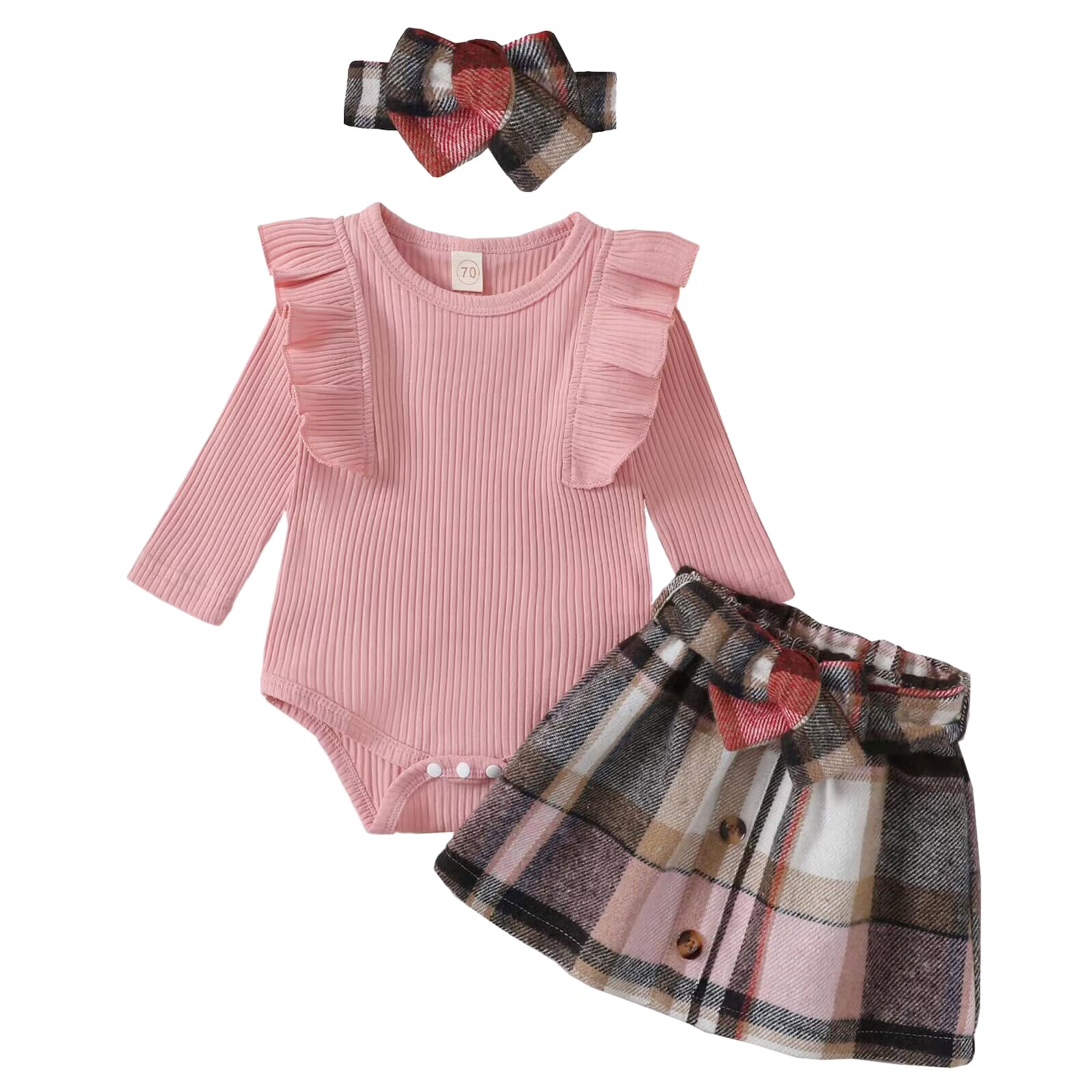 Borlai Bebé Niña Conjunto de Ropa de Manga Larga Mono Volantes Body a Cuadros Falda Corta y Diadema 3Pcs Conjunto 0-18 Meses