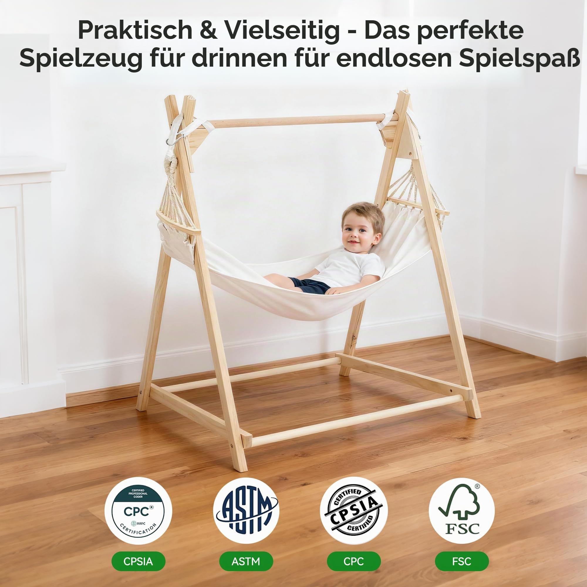 Kinderschaukel Indoor Holz mit Gestell, 5 in 1 Tipi Zelt für Kinder, Hängeschaukel, Kinderhängematte Schaukelsitz Schaukelbrett Brettschaukel für Kinder zum Schaukeln (Cremeweiß)