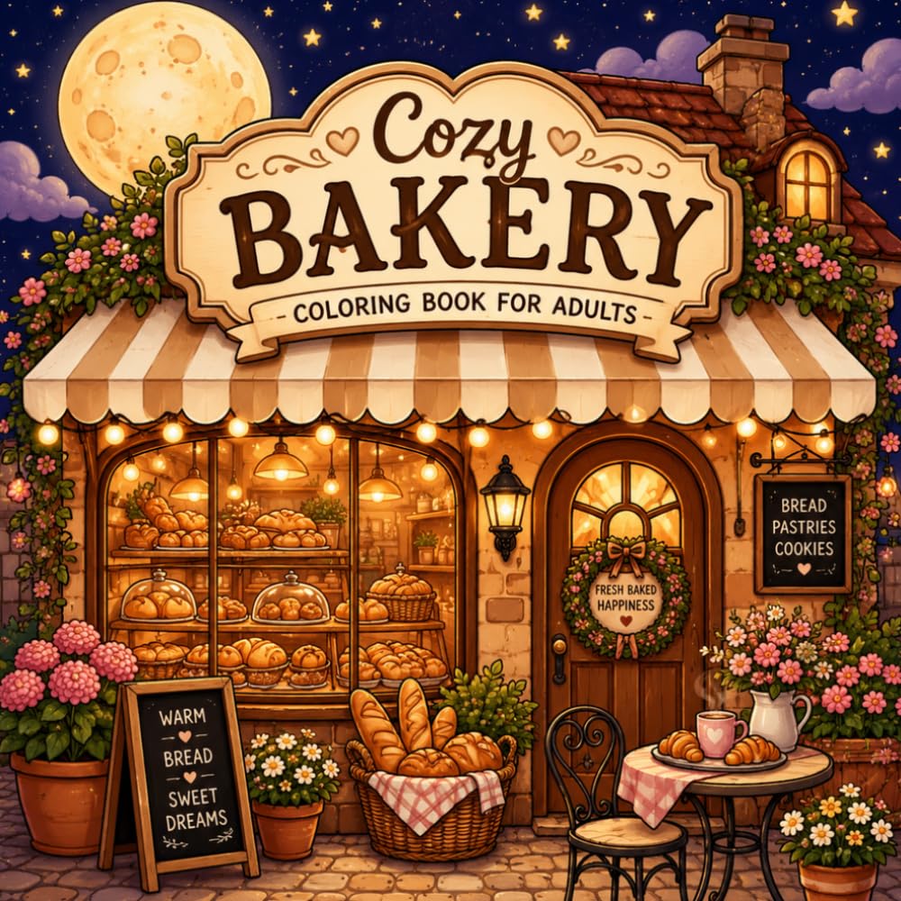 Cozy Bakery Coloring Book: A Relaxing Collection of Sweet Bakery Scenes, Fresh Bread, Cakes, Pastries & Cozy Café Moments for Adults | Stress Relief and Mindful Coloring (Cozy Places Coloring Books)