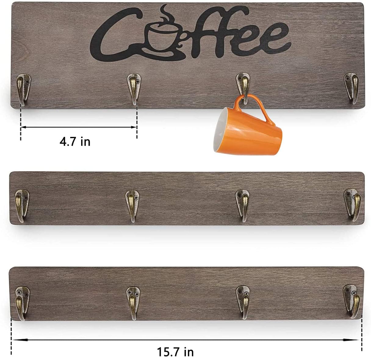 Olakee Coffee Mug Holder, Rustic Mug Rack Wall Mounted with Coffee Sign- 12 Coffee Cup Hangers for Kitchen Organizer, Coffee Nook Decor (Weathered Grey)