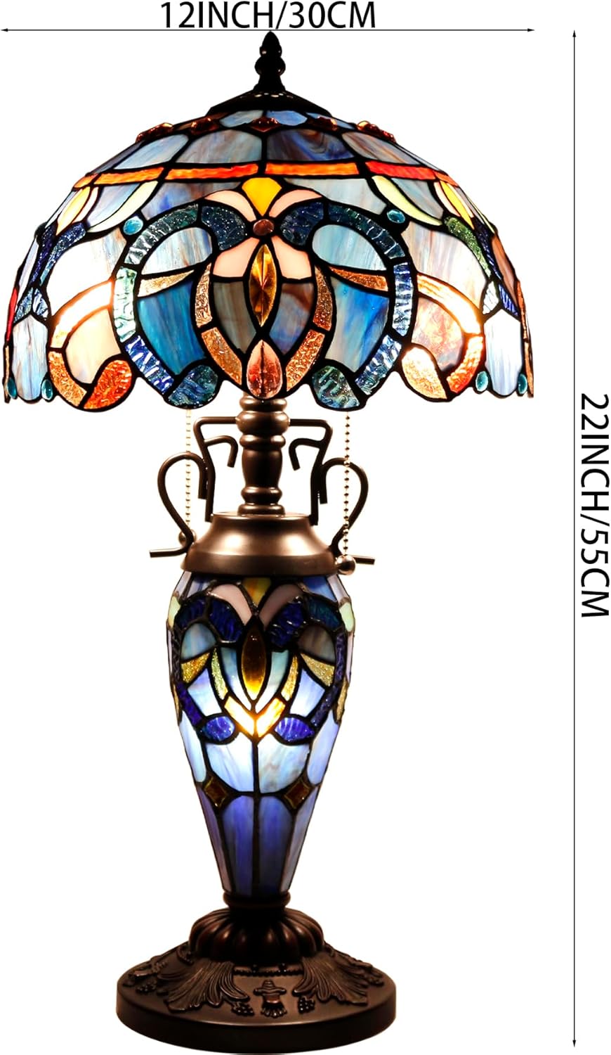 WERFACTORY Tiffany Style Lamp Blue Purple Cloud Stained Glass Table Lamp 12X12X22 Inches Mother-Daughter Vase Desk Reading Light Decor Bedroom Living Room Home Office S558 Series