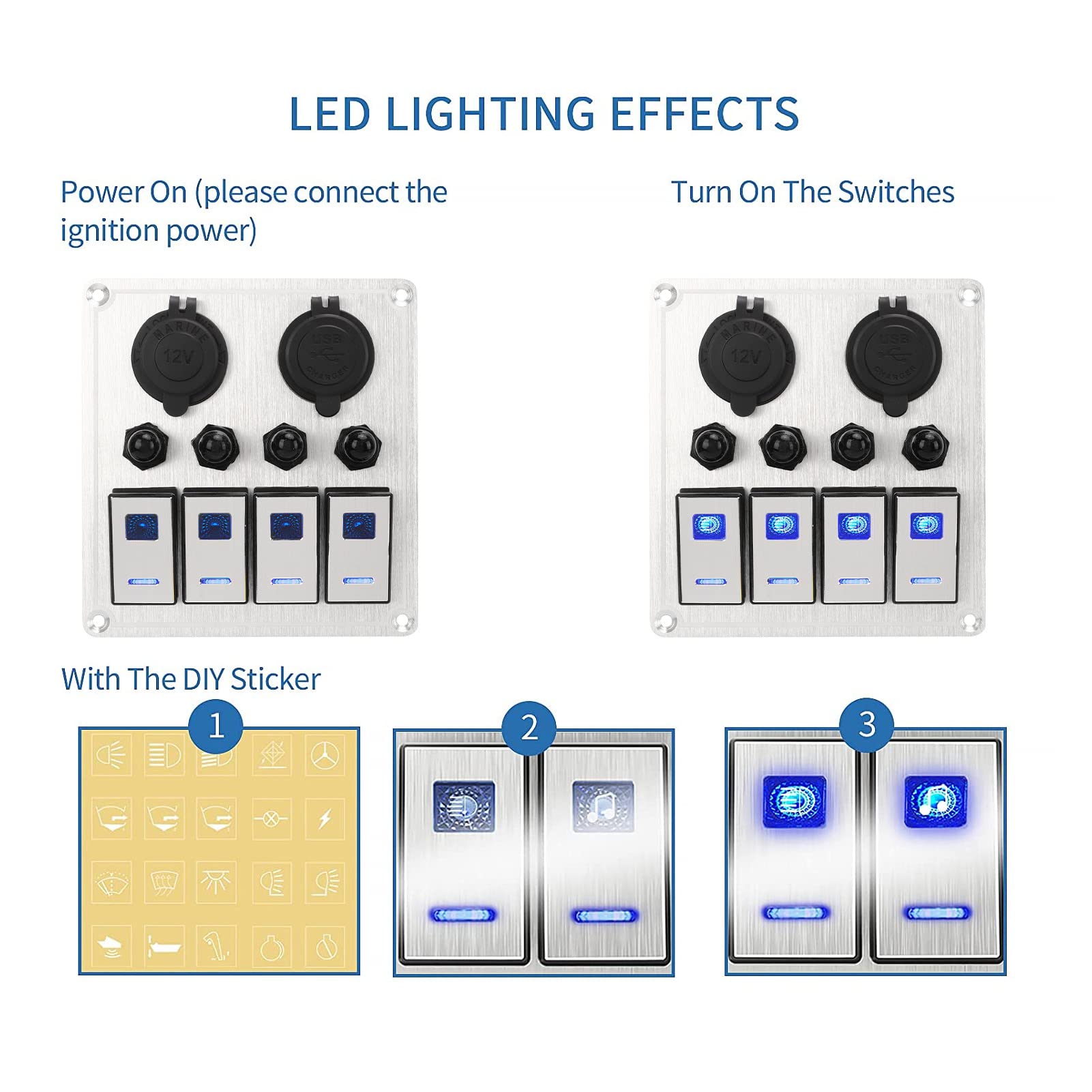 Pannello Interruttori a Bilanciere Pannello Interruttori Marini a Levetta per Barche 4 Gang 12V 24V Precablato Doppia Luce Blu Caricatore USB Voltmetro