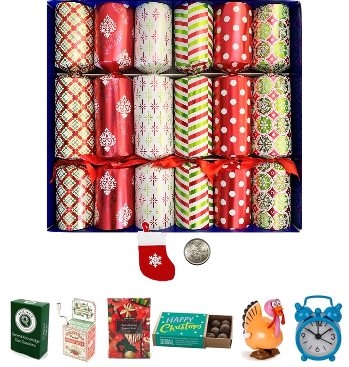 Crackers Ltd Set of 6 Christmas Crackers - with keepsake stocking, gifts and real lucky sixpence
