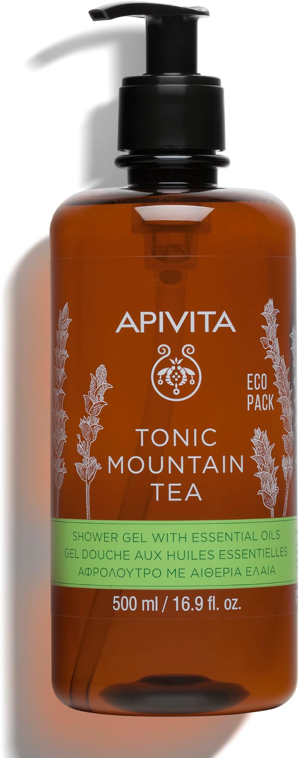 Apivita Tonic Mountain Tea Shower Gel 500ml - Body Shower Gel Body with Mountain Tea, Propolis & Essential Oils - Gently Cleanses & Revitalizes