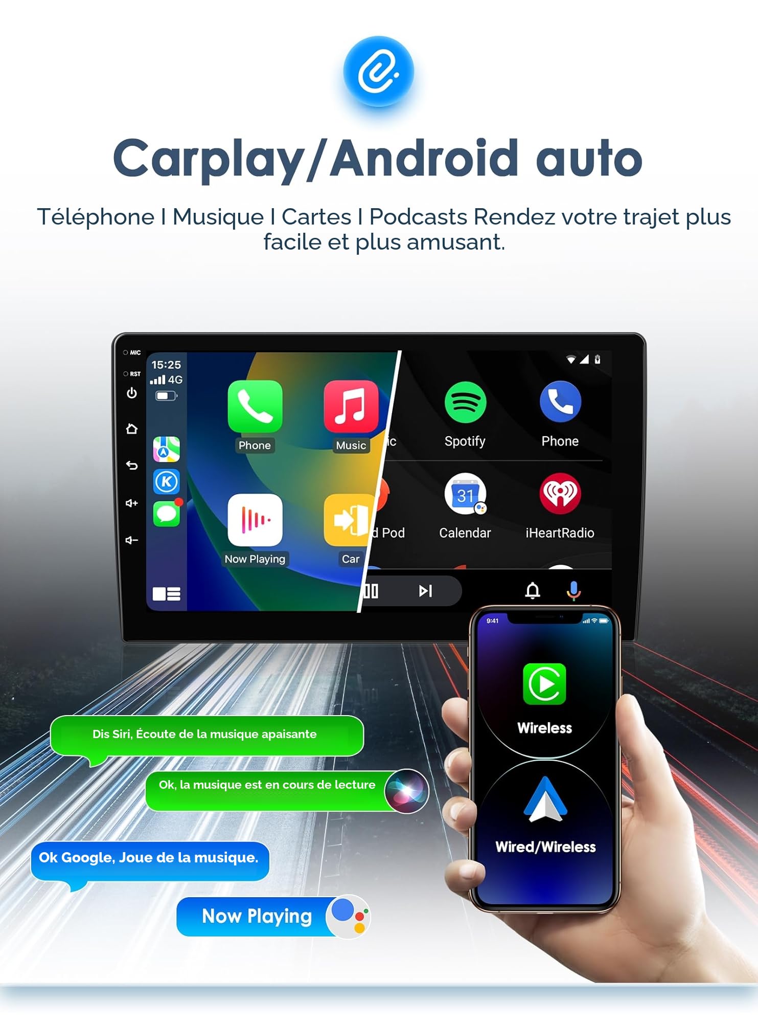 Autoradio Android 13 avec écran tactile de 9 ", 8 cœurs, 4 Go + 64 Go, pour Jeep Renegade 2016, 2017, 2018, 2019, 2020, 2021, 2022, WiFi, sans fil, Android, Auto et sans fil, Carplay, Bluetooth, WiFi